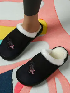 Dark Bat Embroidered Cotton Slippers, Cool Niche Style, Plush Lined Anti-Slip Thick Sole, Home Use Men Women Fall Winter Warm Shoes