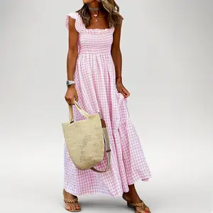 Women’s Retro Plaid Smocked Maxi Dress - Spaghetti Strap Flounce Long Dress with Pockets - Casual Flowy A-Line Sundress for Summer # HideBelly