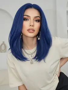 12 Inch 13x4 Area Lace Front Wig, Lace Frontal, Sapphire Blue Shoulder Length, High Heat Resistant Synthetic Fiber, Smooth Hair, Curly Bob Wigs, Perfect for Parties