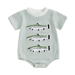 Newborn Baby Boy Fishing Romper Waffle Knit Stripe Short Sleeve One Piece Bodysuit Jumpsuit Infant Outdoor Summer Clothes Casual Outfit