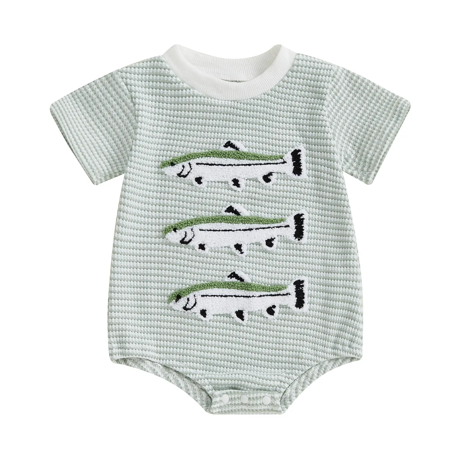 Infant Baby Boy Fishing Waffled Knit Striped Summer Romper Cute Fish Embroidery Short Sleeve Onesie Bodysuit Jumpsuit