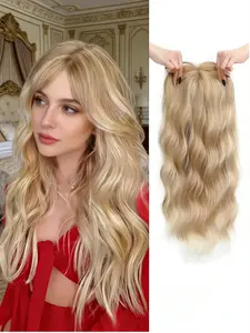 🎀 Effortless Golden Blonde Hair Topper with Bangs | Clip-In Kanekalon Synthetic, Natural Volume & Full Coverage for Thinning Hair, Instantly Boost Your Confidence