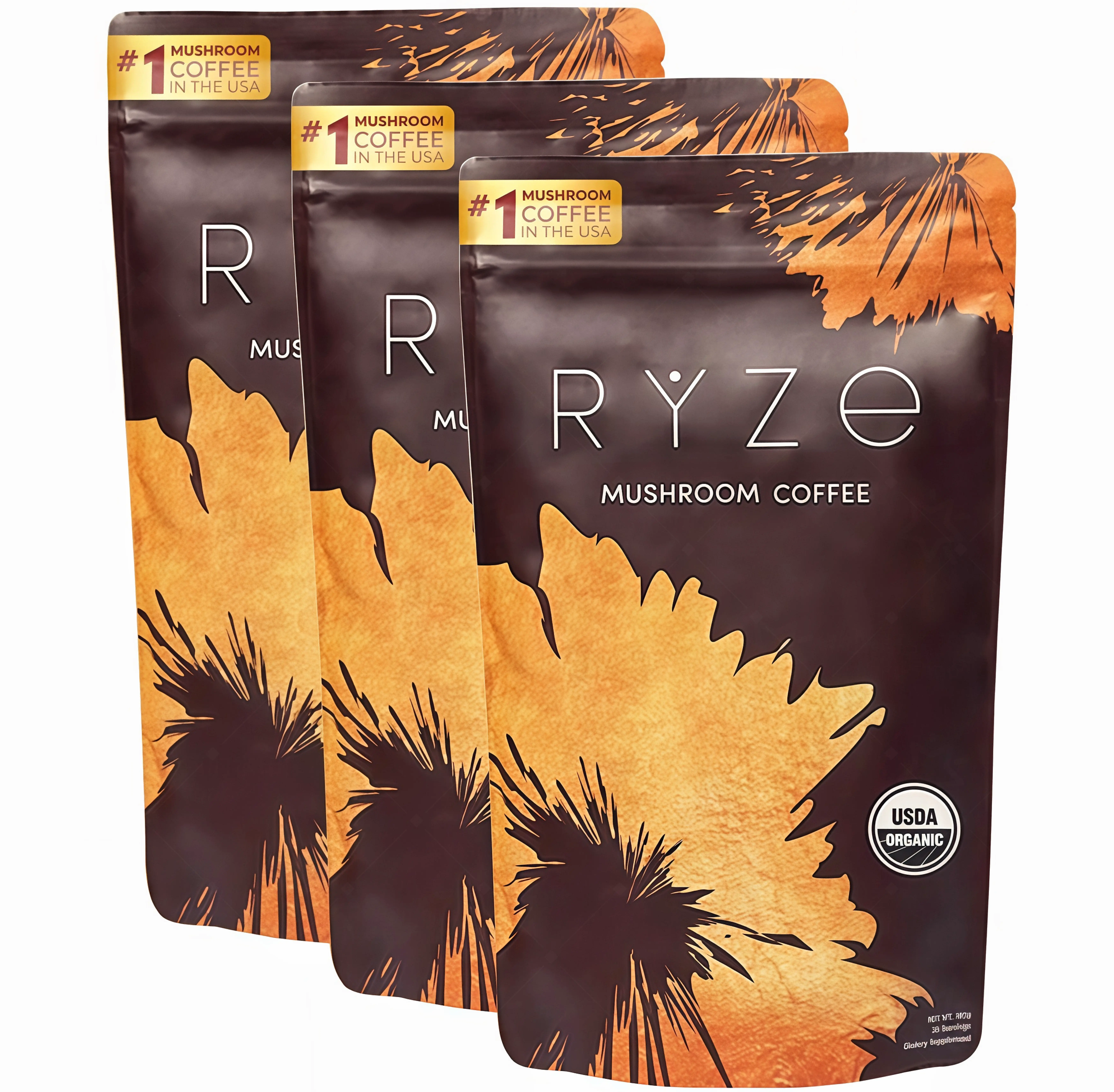 3 Pcs RYZE Mushroom Coffee USDA Organic with 6 Adaptogenic Mushrooms and MCT Oil MW USA Grown Instant Coffee for Better Energy, Focus, Digestion, Immunity with Turkey Tail, Shitake, Lion's Mane, 30 Servings Vitamin
