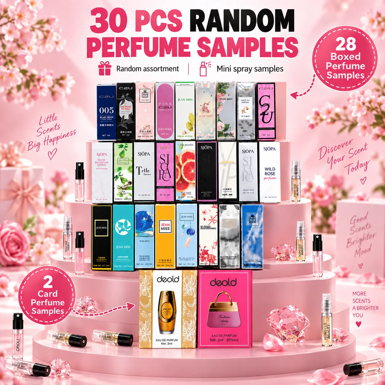 30-Piece Random Perfume Sample Set, 28 Mini Fragrance Samples & 2 Card Perfumes, Assorted Scents Discovery Set, Portable Travel Size Perfume for Women & Men, Everyday Use & Gift