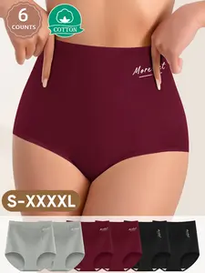 6-Pack Women's High-Waisted Breathable Cotton Everyday Underwear High Rise Panties, Comfortable Skin-Friendly Fitted Fit S to Xxxxl, Simple Design and Tummy Control