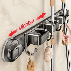 Universal Metal Mop and Broom Holder with Adjustable Hooks, Wall Mount Compatible, Wall Mount Organizer, Wall Mounted Storage Rack for Home Kitchen Garden Laundry Garage