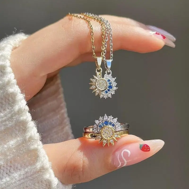 Minimalist Sun And Moon Matching Jewelry Set, Stackable Gold Sun Blue Moon Bracelets & Magnetic Copper Pendant Necklaces Nickel-Free Lightweight, Couple Friendship Sister Matching Gift For Valentine’s Day Anniversary Back To School Party summerwins