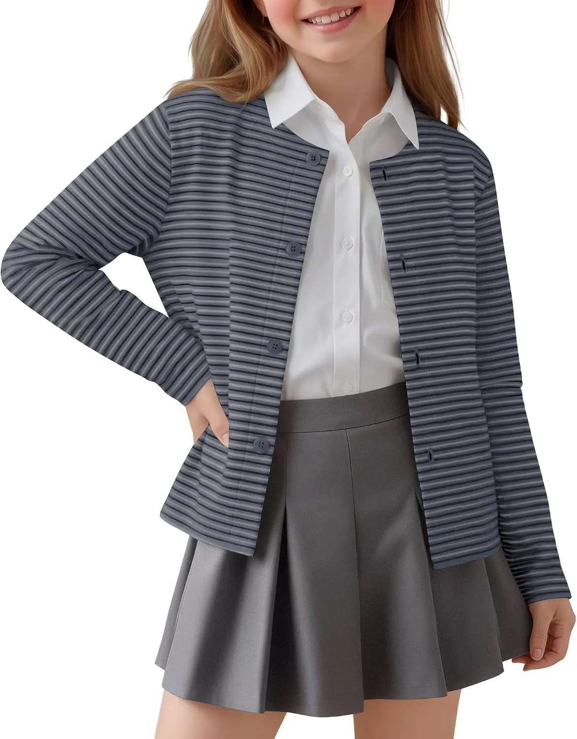 Girls Striped Cardigan Kids Long Sleeve Crewneck Cardigan Sweater Button Down Fleece School Uniform Outerwear