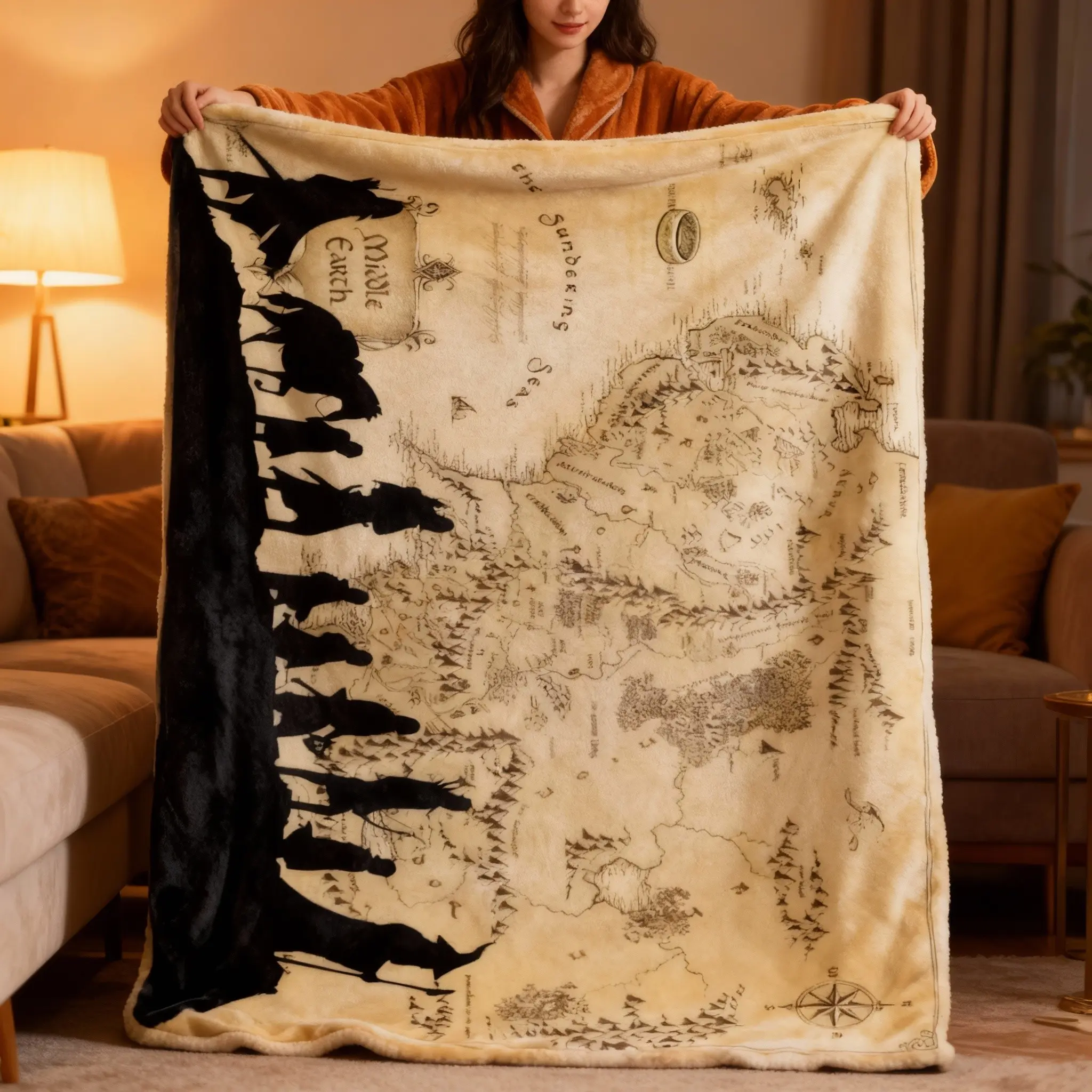 Middle-earth Map Throw Blanket |   Fellowship Silhouette Fantasy Decor |   Vintage Parchment Map Fleece |   Aesthetic Bookish Gift for Fantasy Lovers & Movie Fans