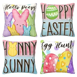 Easter Happy Egg Bunny Pillow Set, Wave Point Spring Decoration Farmhouse Holiday Cushion Set, Home Decoration 4-piece Set, Double sided Printing, Egg Hunt
