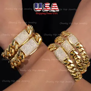 Miami Cuban Link Chain Gold Bracelet ,Stainless Steel Diamond Icedout Box Copper Clasps,Hip Hop Mens Womens Stainless Steel Jewelry