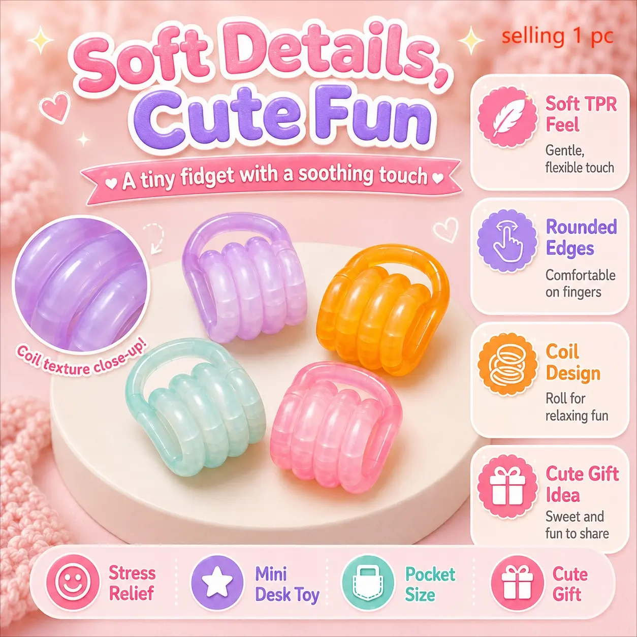 Coiled Squeeze Stress Relief Toy | Color-Changing Squishy | Textured Coil Design | Cute & Soothing Style | Roll and Press to Relieve Stress | Leisure & Entertainment | Boosts Concentration | Ideal for Desktop Relaxation During Work or Study