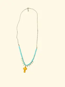 Gold and Turquoise Necklace with Crystal Gold Charm - Elegant Cross Pendant Jewelry