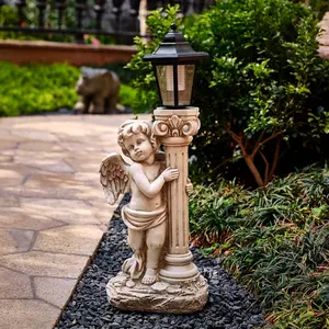 Angel Statue with Solar Lights (Left) 19.7 Inch, Solar Cherub Angel Garden Statue with Roma Pillar for Garden Decor, Porch, Patio, Yard Art Decorations, Polyresin
