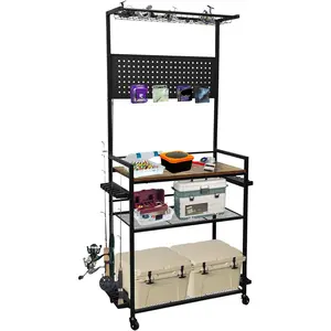 3-Tier Fishing Rod Rack with Wheels & Pegboard, Heavy Duty Metal Rod Holder Organizer for Up to 12 Rods, Garage Boat Storage, Fishing Gear Organizer with Lockable Casters