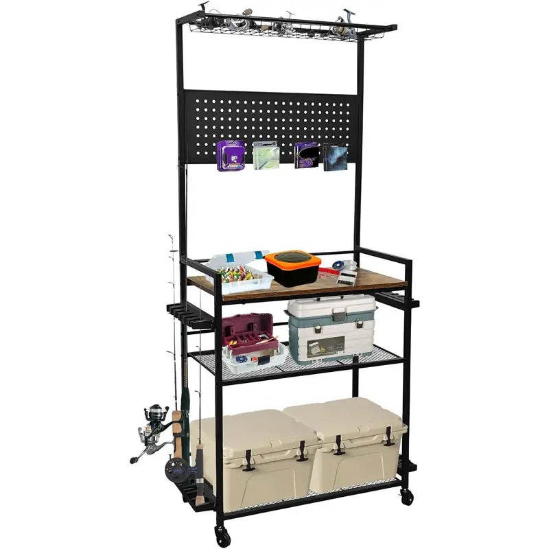 3-Tier Fishing Rod Rack with Wheels & Pegboard, Heavy Duty Metal Rod Holder Organizer for Up to 12 Rods, Garage Boat Storage, Fishing Gear Organizer with Lockable Casters