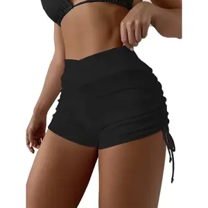 Women High Waisted Swim Shorts V Cut Bikini Swimsuit Bottoms Drawstring Ruched Bathing Suit Board Shorts