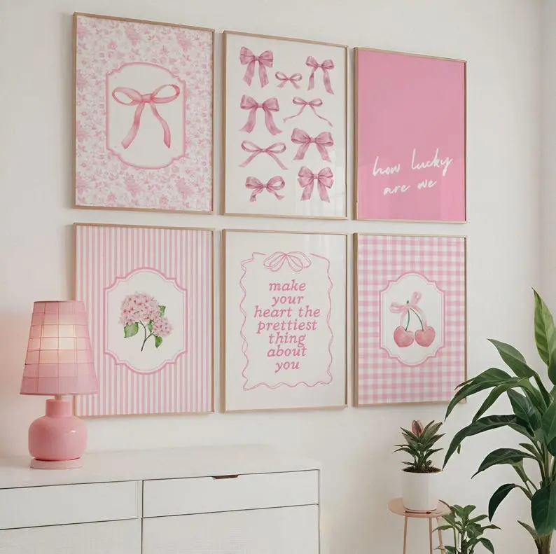 Set of 6 Pink Coquette Room Decor Gallery: Trendy Bow Hydrangea Chinoiserie Wall Art