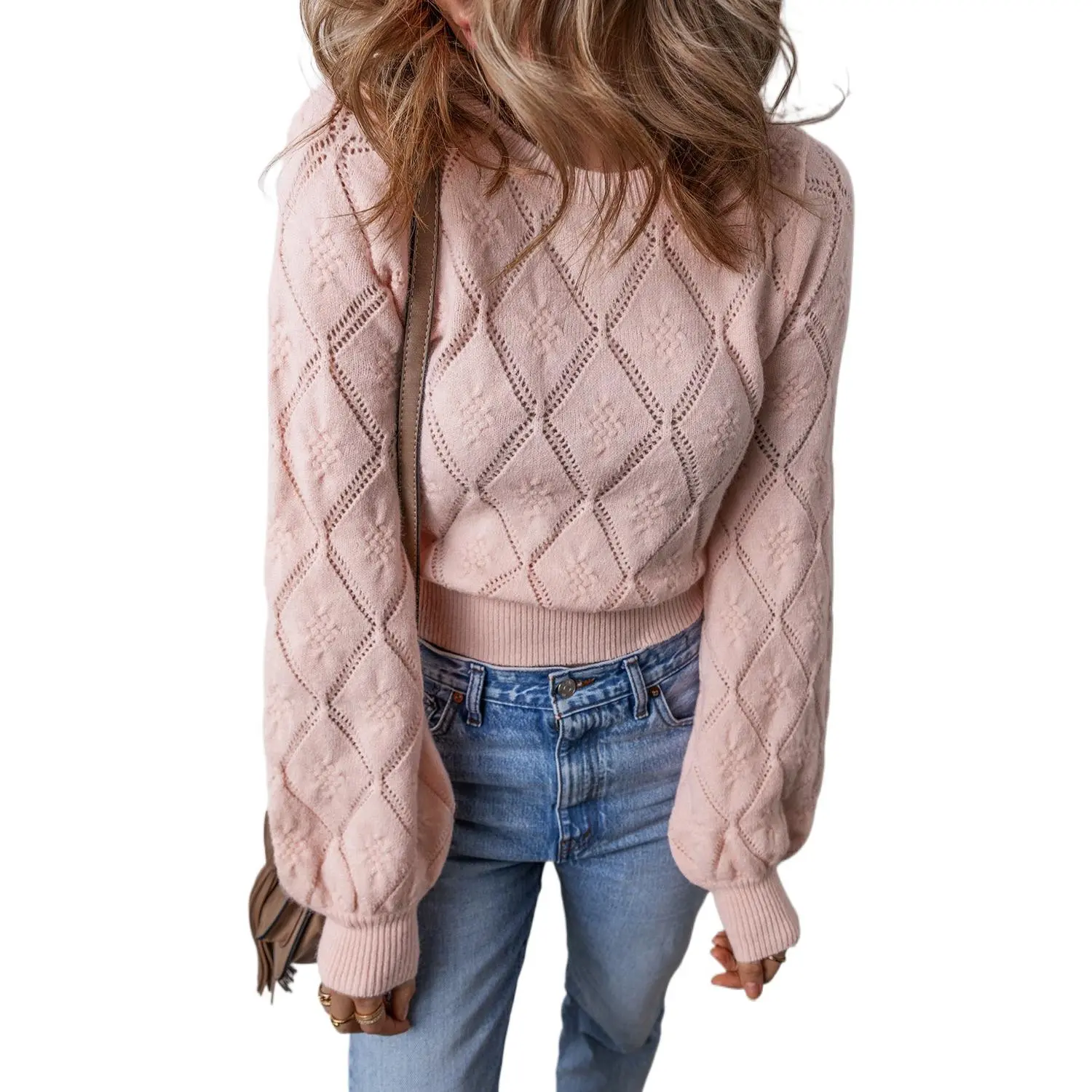 Women's Gossamer Pink Openwork Plaid Puff Sleeve Cropped Sweater