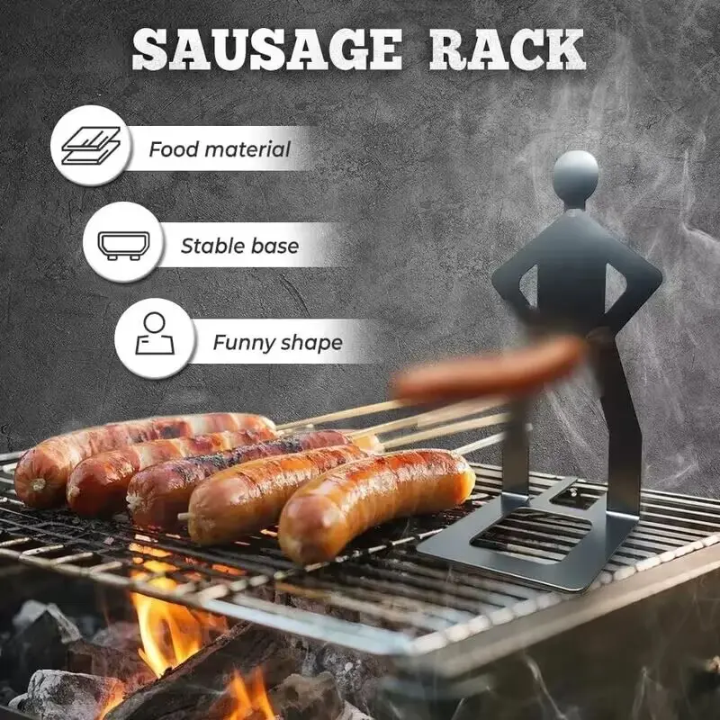 Men's Black Stainless Steel 2-Piece Fun Hot Dog/Sausage Rack - Roast 2 at Once, Barbecue Accessories, Stable Base Reusable Kitchenware, Party Gift Humor for Campfire/BBQ Party, Backyard BBQ Addition