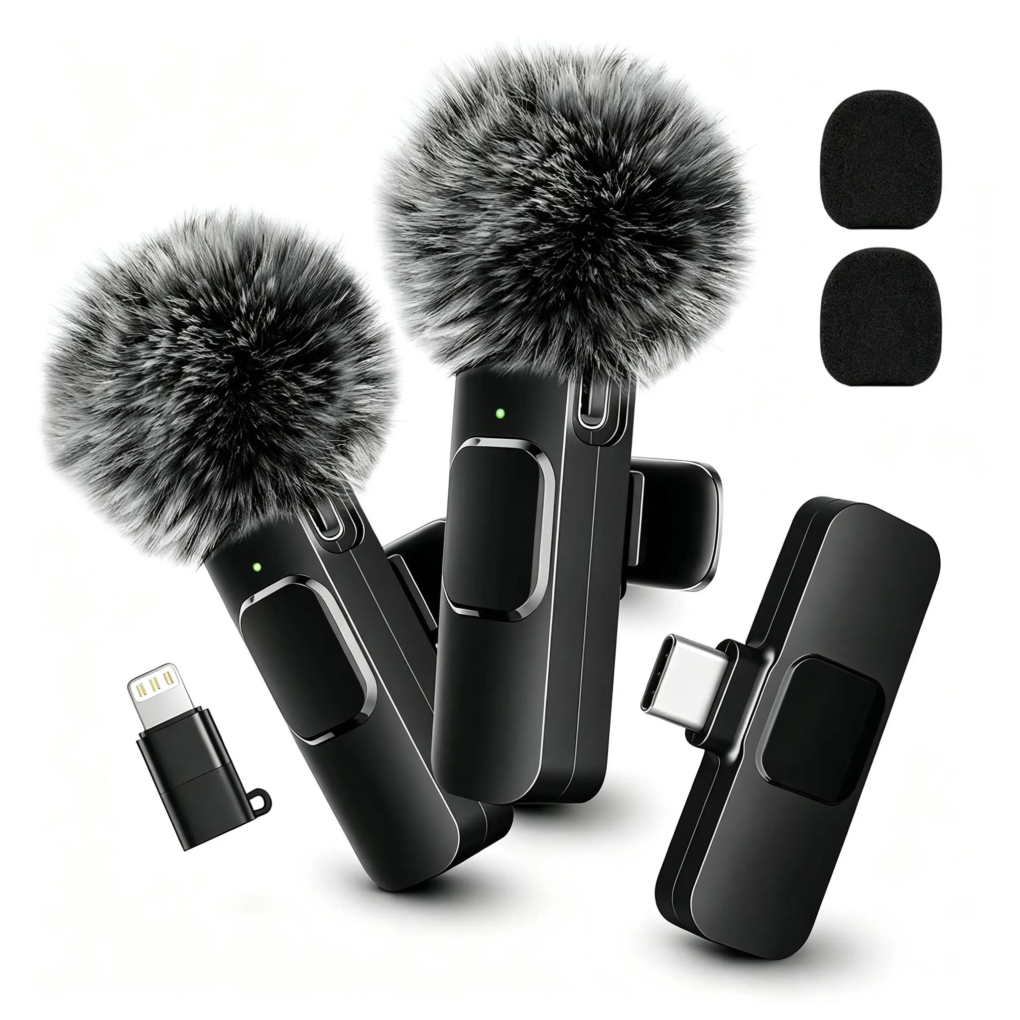 2 in 1 Wireless Lavalier Microphones, Mini Clip-on Lapel Mics with IOS Adapter & Wind Muffs, Plug-and-Play for iPhone Android iPad MacBook Type-C Notebooks, Crystal Clear Sound for Video Recording Live Stream Vlog Interview