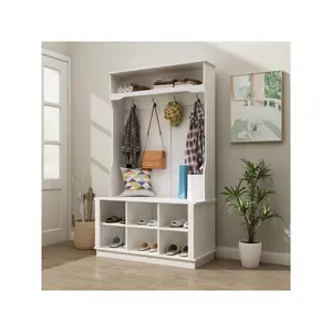 39.8'' Wide Hall Tree with Bench and Shoe Storage Hanging Organiser Rack Set