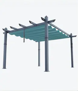 GARVEE 10x13 FT Aluminum Pergola with Adjustable Canopy, Outdoor Metal Gazebo with Reinforced Frame, Waterproof Sun Shade & Windproof Netting for Patio, Backyard, Garden, Blue with sheer curtain