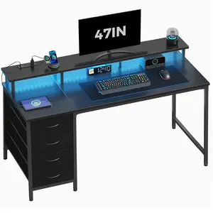 Computer Desk with 4 Drawers & Power Outlets - Gaming Desk with LED Lights & Monitor Shelf for Small Spaces Home Office