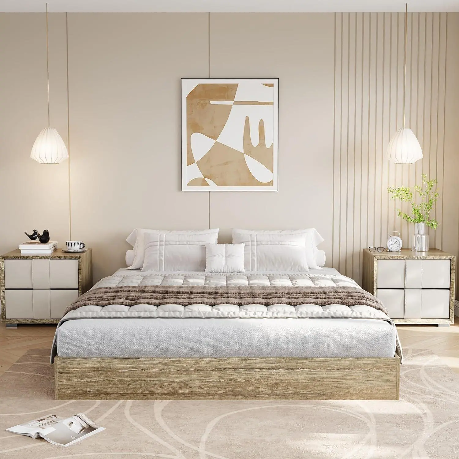 Gaomon Minimalist Low-Profile Scandinavian Queen Size Floating Solid Wood Platform Bed Frame, Natural Grain, Sturdy Slat Support, Floor-Standing Design, No Box Spring Needed, Fast DIY Assembly, Golden Tan Finish, Floating Bed Frame