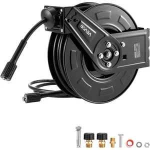 VEVOR Pressure Washer Hose Reel, 60 ft x 1/4 inch Retractable Power Heavy-Duty Steel Washer Hose Reel, 4000PSI Max, Auto-Rewinding, Flexible Wall/Floor Mounted for Car Washing,Garden,Floor Cleaning