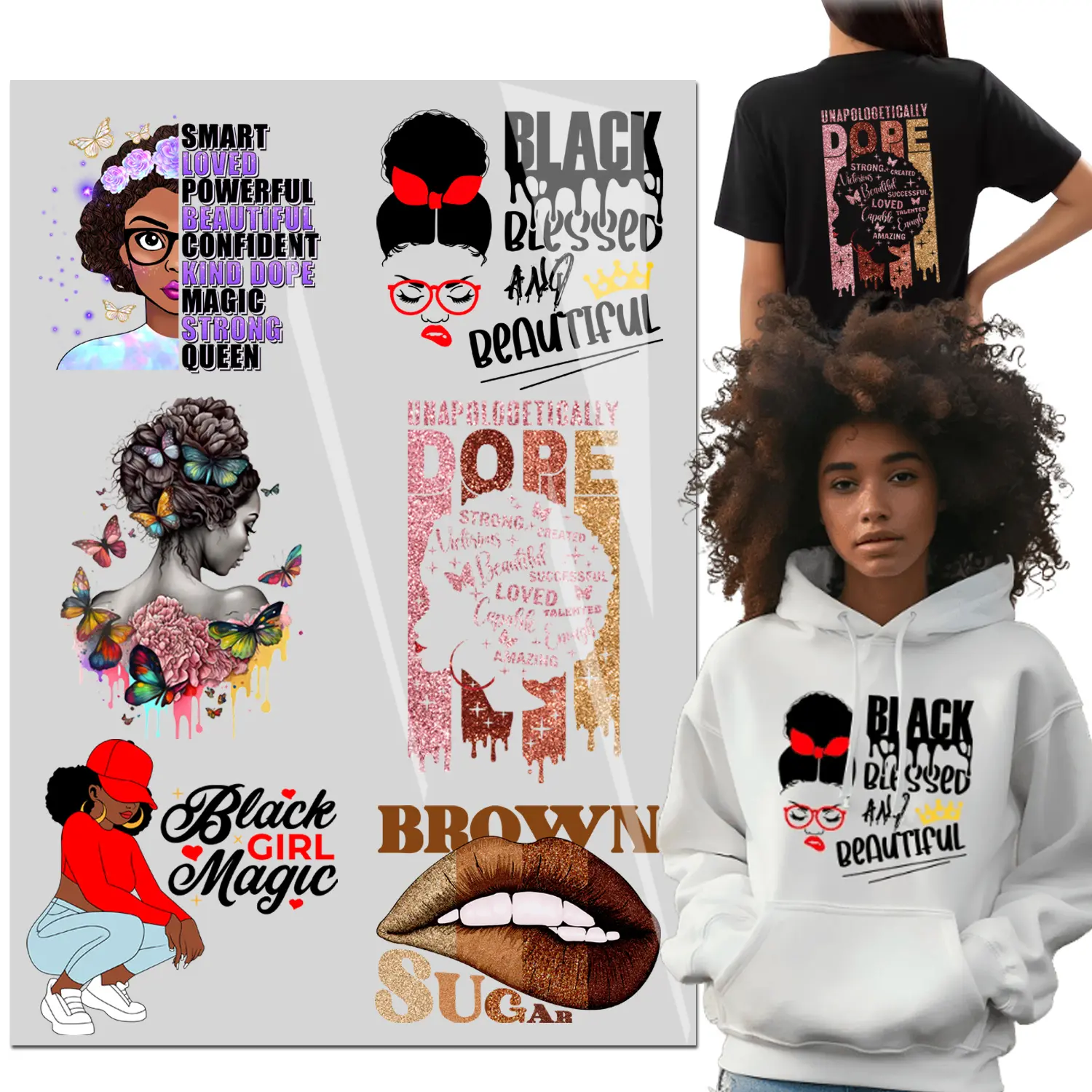 6PCS Fashionable Black Girl Iron On Transfer T-Shirt Stickers Black women Iron Heat Transfer DIY for t-Shirt/Bag/Pillow/Hoodies DTF transfers Ready to Press