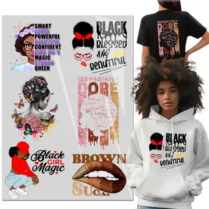 6PCS Fashionable Black Girl Iron On Transfer T-Shirt Stickers Black women Iron Heat Transfer DIY for t-Shirt/Bag/Pillow/Hoodies DTF transfers Ready to Press