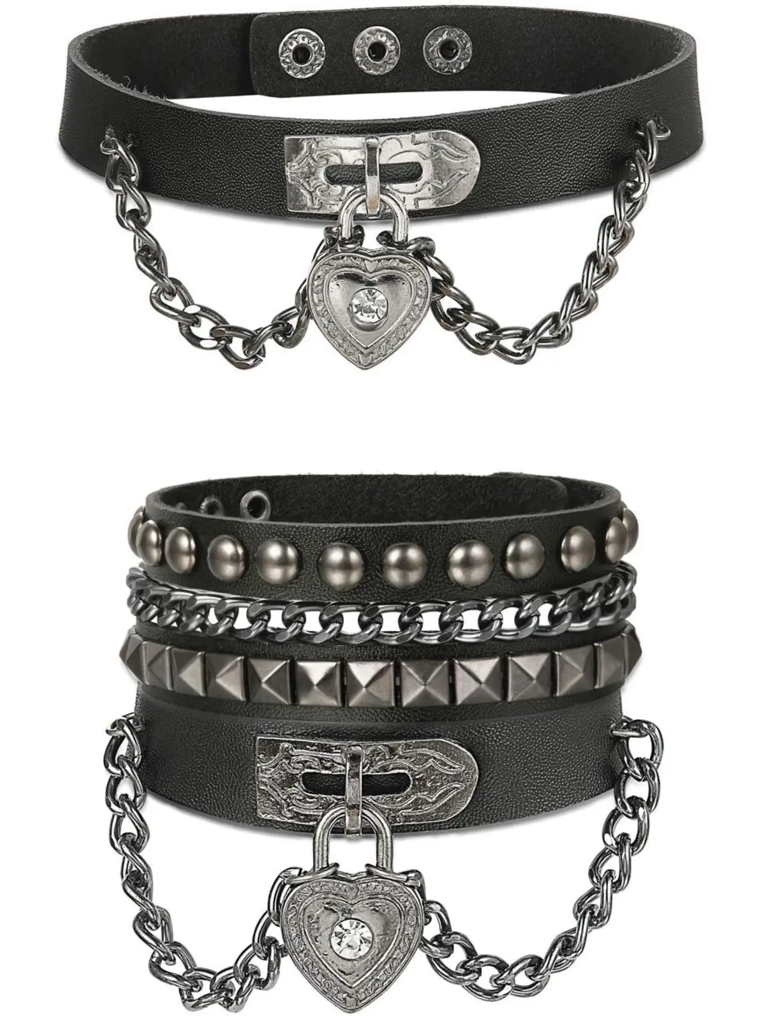2PCS Unisex Punk Rock Leather Bracelet and Heart Choker Collar Necklace Set Vintage Jewelry Set for Women Men  (A: Choker and Bracelet Set)