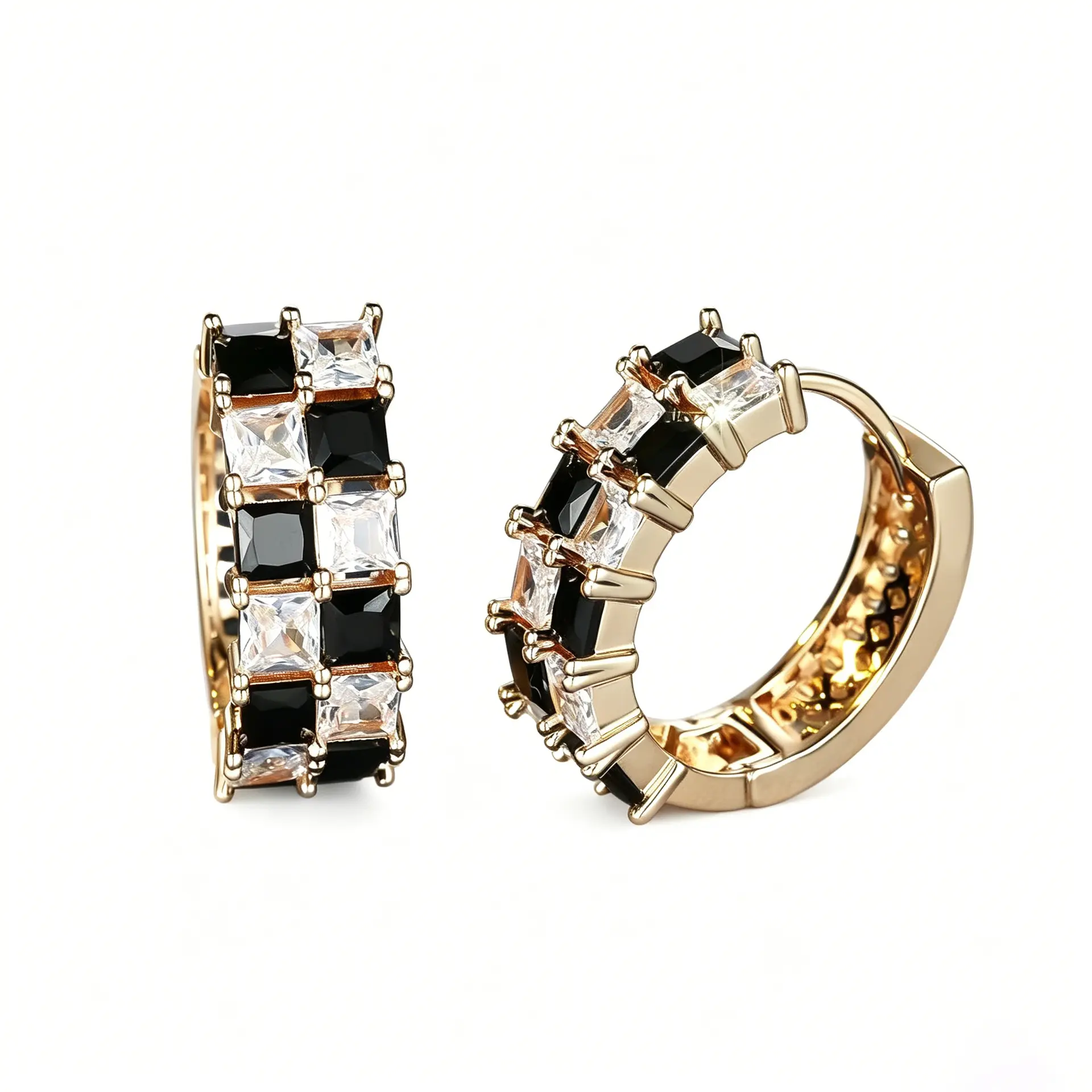 Elegant Gold Tone Huggie Earrings with Black and Clear Cubic Zirconia Stones for Women