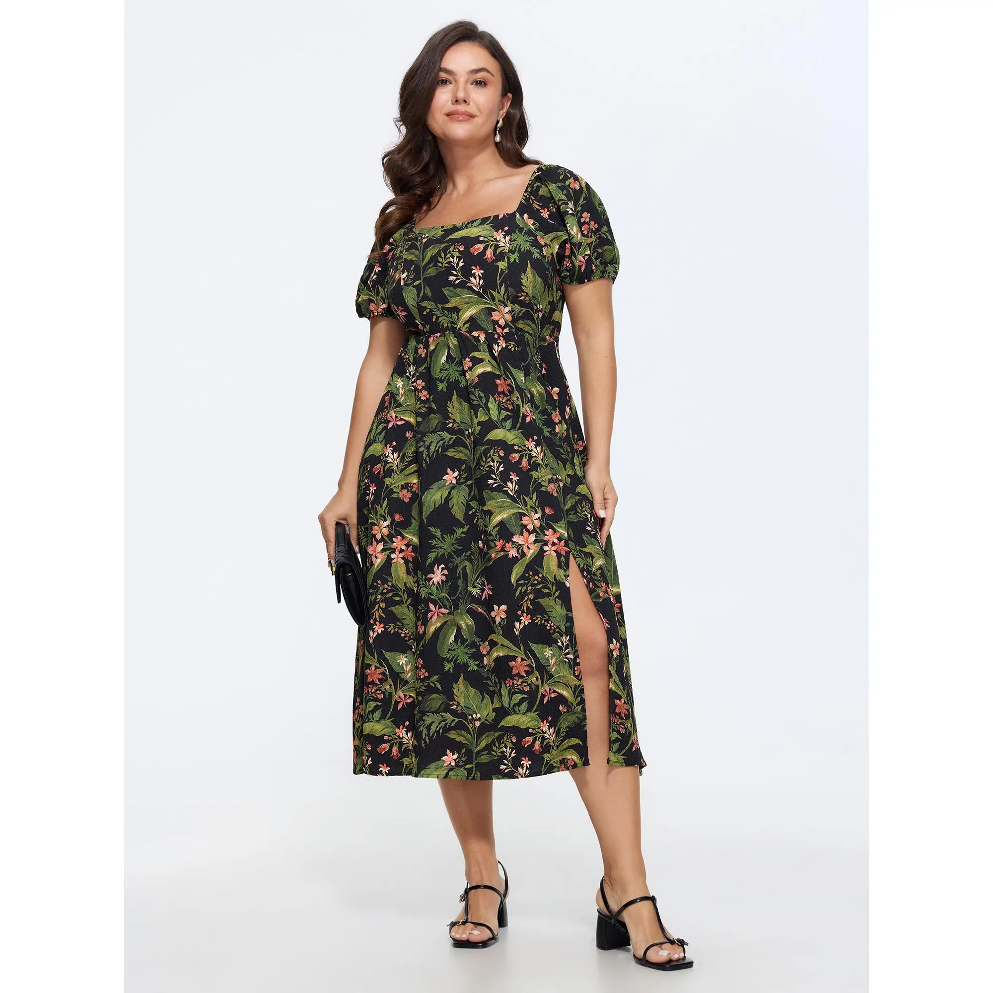 BloomChic Plus Size Casual Tropical Floral Polyester Smocked Midi Dress with Short Sleeves and Split Hem, Smooth, Garment, Fabric, Fit, Pocket, Shortsleeve, Curvy Dresses Plus Size, Low Iron, Romantic, Smocked Detail, Pull-On