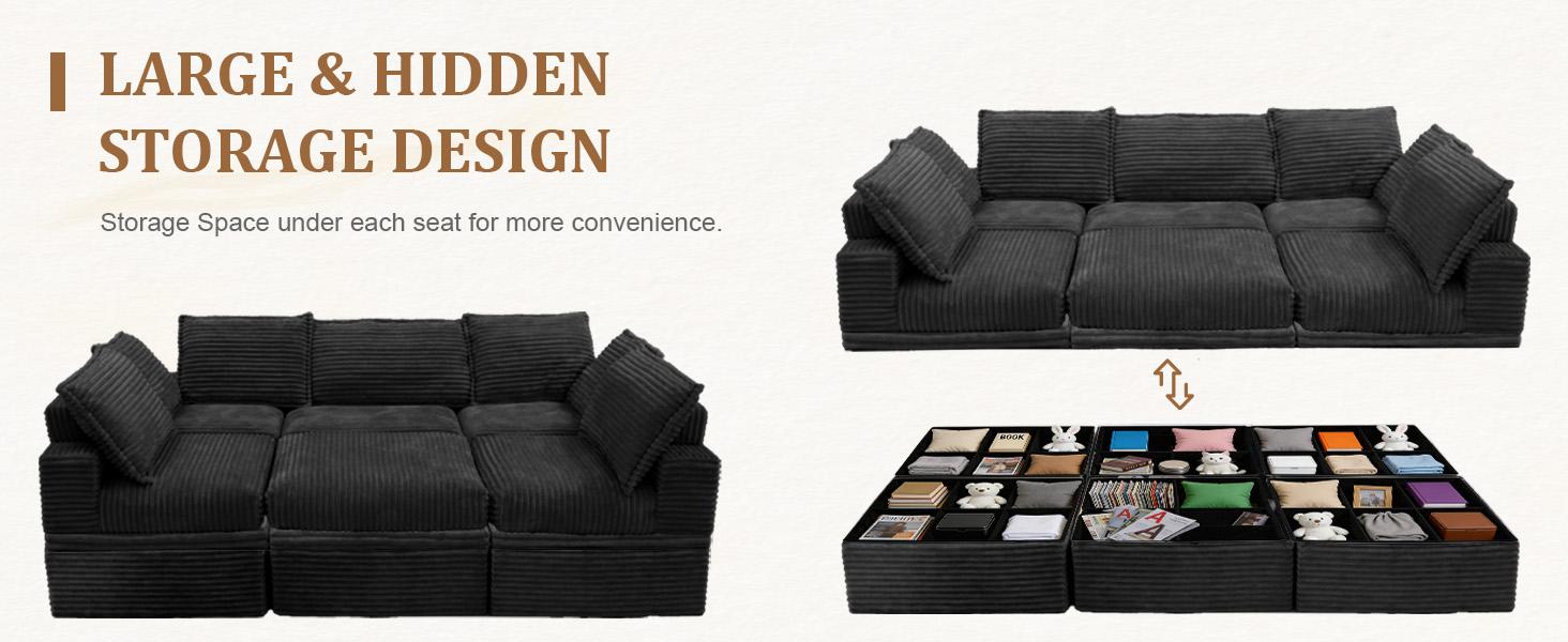 【4 Packages Shipping】NABUMI 142” Oversized Modular Sectional Sofa with Storage, Extra Deep&High Seat Corduroy Cloud Couch, 5 Seater U Shaped Couch, Ergonomic Memory Foam, Free Combination, Tool-Free Assembly, Black, Beige, Dark Gray, Green