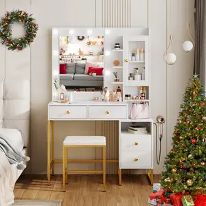 Valentine's Gift for Her  WTFGO Lamp Vanity Table with 3-Color Adjustable LED Mirror + Large Capacity Storage Drawers, Soft-Padded Stool with Stable Metal Frame Makeup DesC