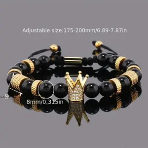 1pc Royal Golden Crown Charm Men's Bracelet, Stainless Steel Tiger's Eye Geometry Adjustable Beads Bracelets, Couple Jewelry Gift, Father's Day Gift(Sheets)