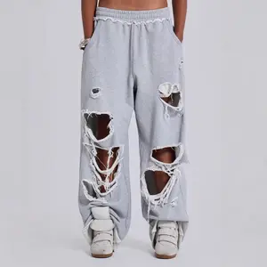 Casual pants street hip hop ripped design wide leg sweatpants trousers women