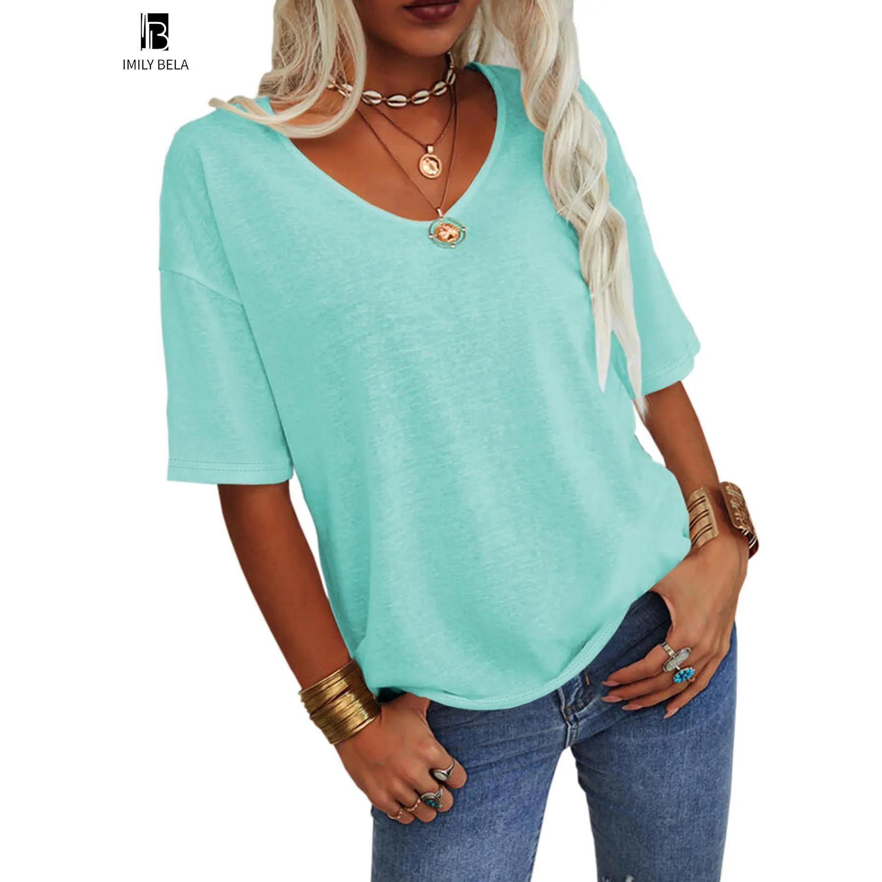 Women's Plain V Neck Drop Shoulder Tee, Casual Chic Minimalist Solid Color Half Sleeve T-shirt for Summer, Women's Basic Top for Daily Wear