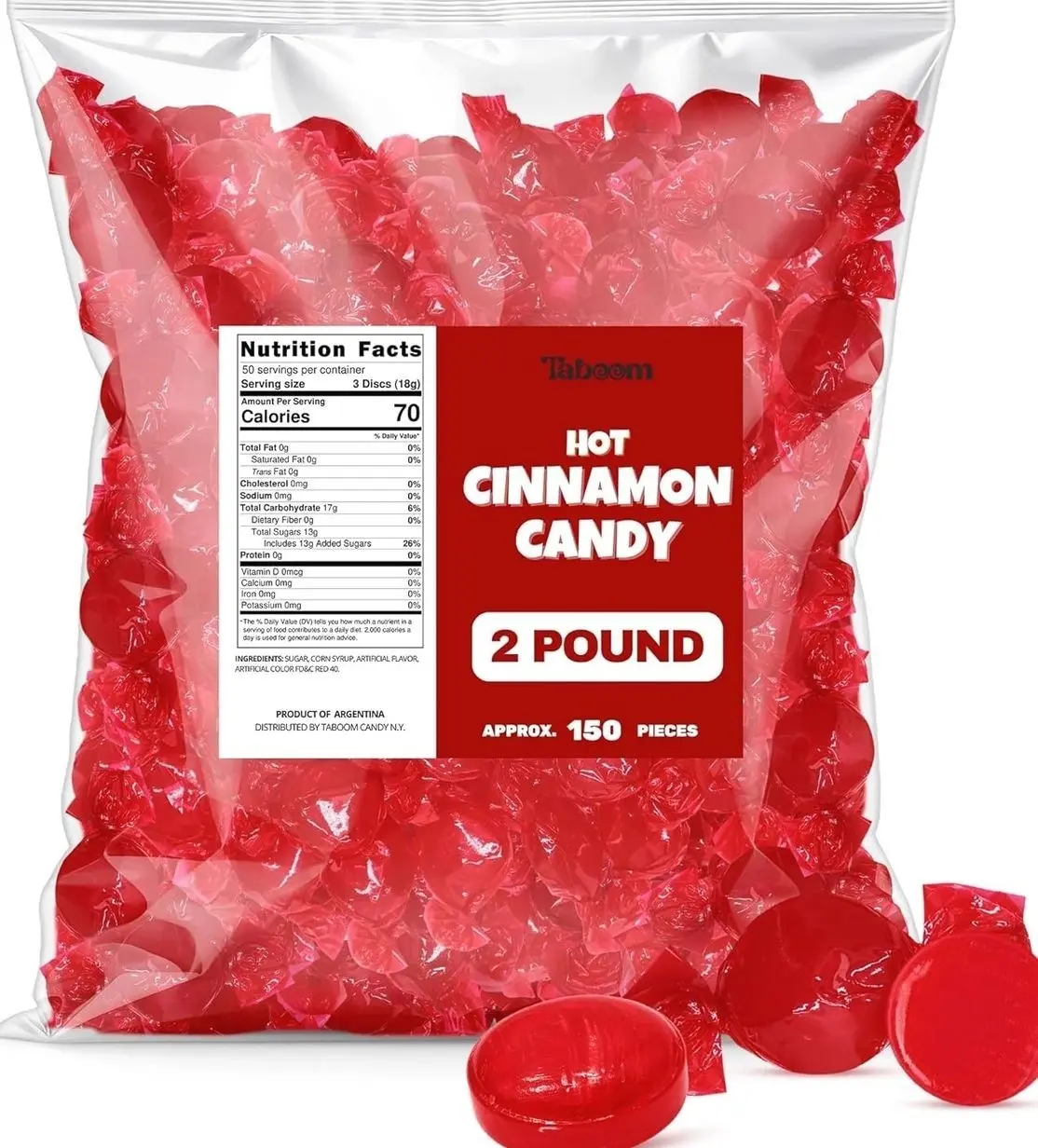Cinnamon Hard Candy Discs 2 lbs Bulk Pack Christmas Candies - Approx. 150 Individually Wrapped Spicy Cinnamon Flavored Hard Candies for Parties, Offices & Treats