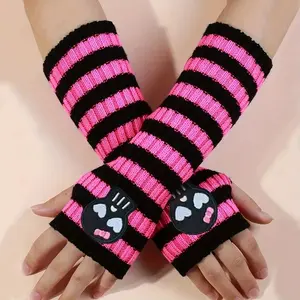 Women's Skull Heart Embroidered Arm Warmers, Striped Elastic Long Sleeve Gothic Style, Winter Windproof Fleece Gloves Gift