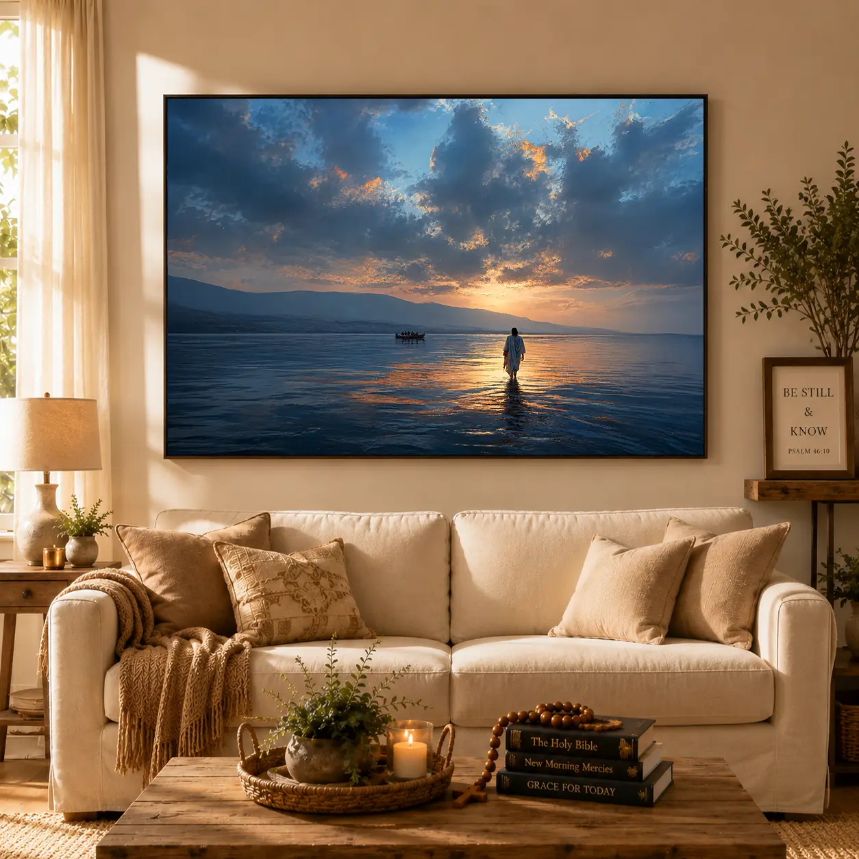 Jesus Walking on Water Multi-Size Wooden Canvas Painting Poster, Spiritual Wall Art with Divine Light, Modern Ready-to-Hang Religious Decor, Uplifting Vibe Faith-Inspired Christian Home Gift, Living Room Calm Boost