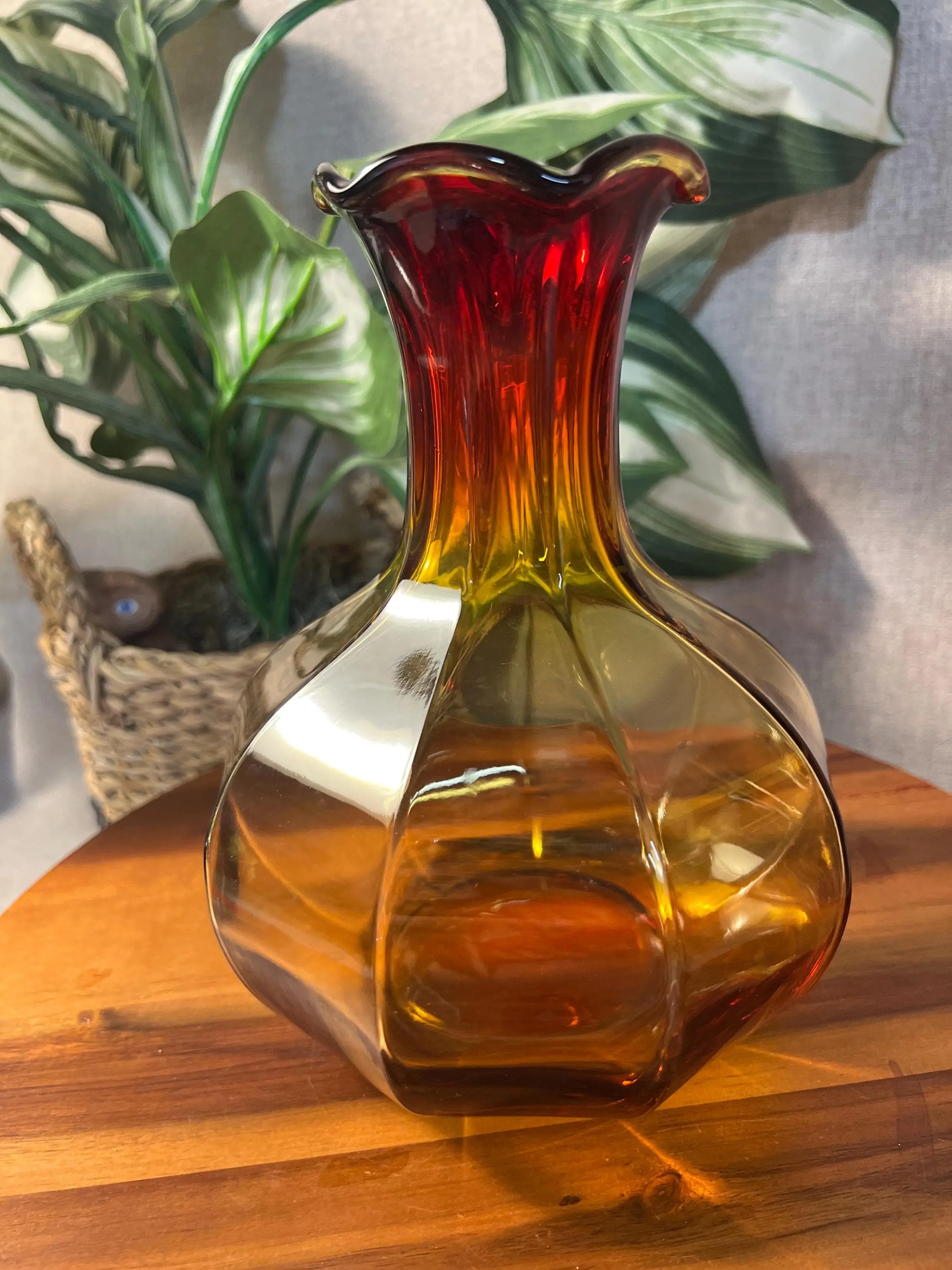 Vintage Kanawha Glass Amberina Orange and Yellow Vase 7.5 Ruffled Edge