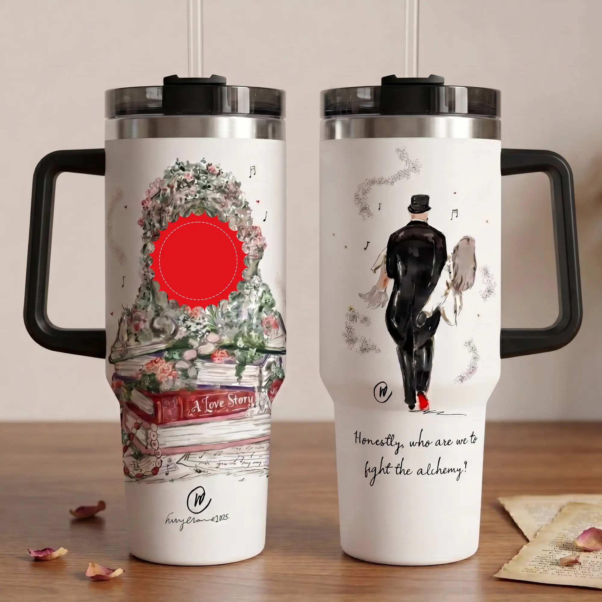 Wedding Tumbler 20oz 40oz, Bridal Gift Travel Mug with Handle for Bride & Groom