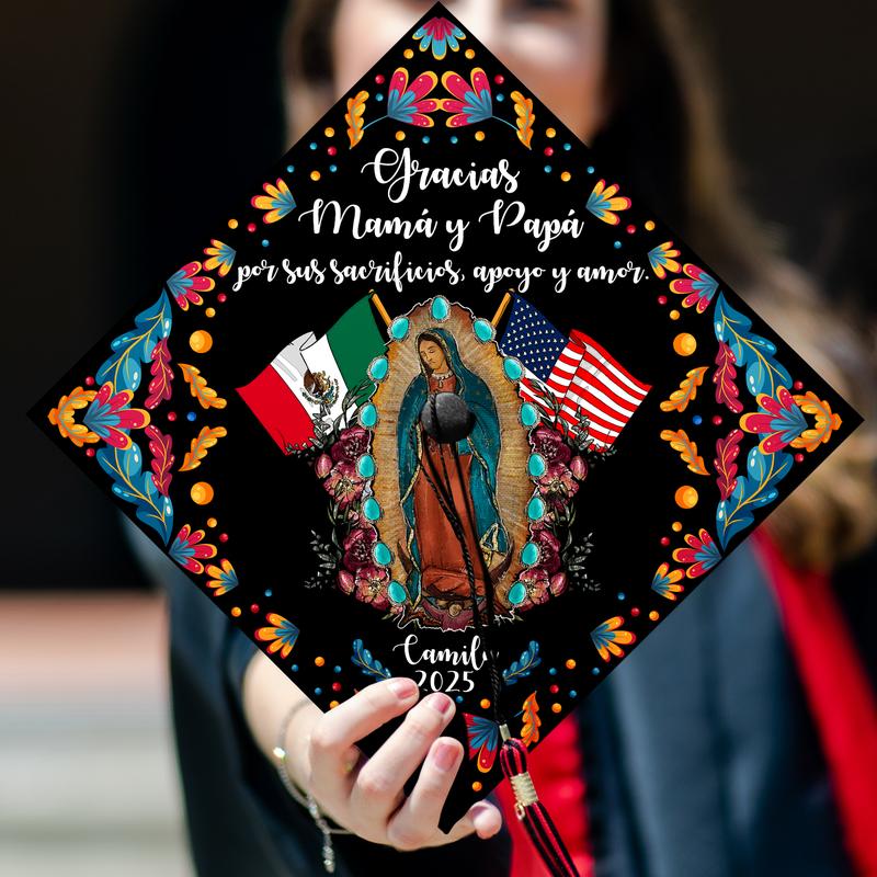 Personalized Gracias Mamá y Papá Guadalupe Printed Grad Cap Topper, Mexican Grad Cap Topper, Latin Graduation Decoration, Class of 2025