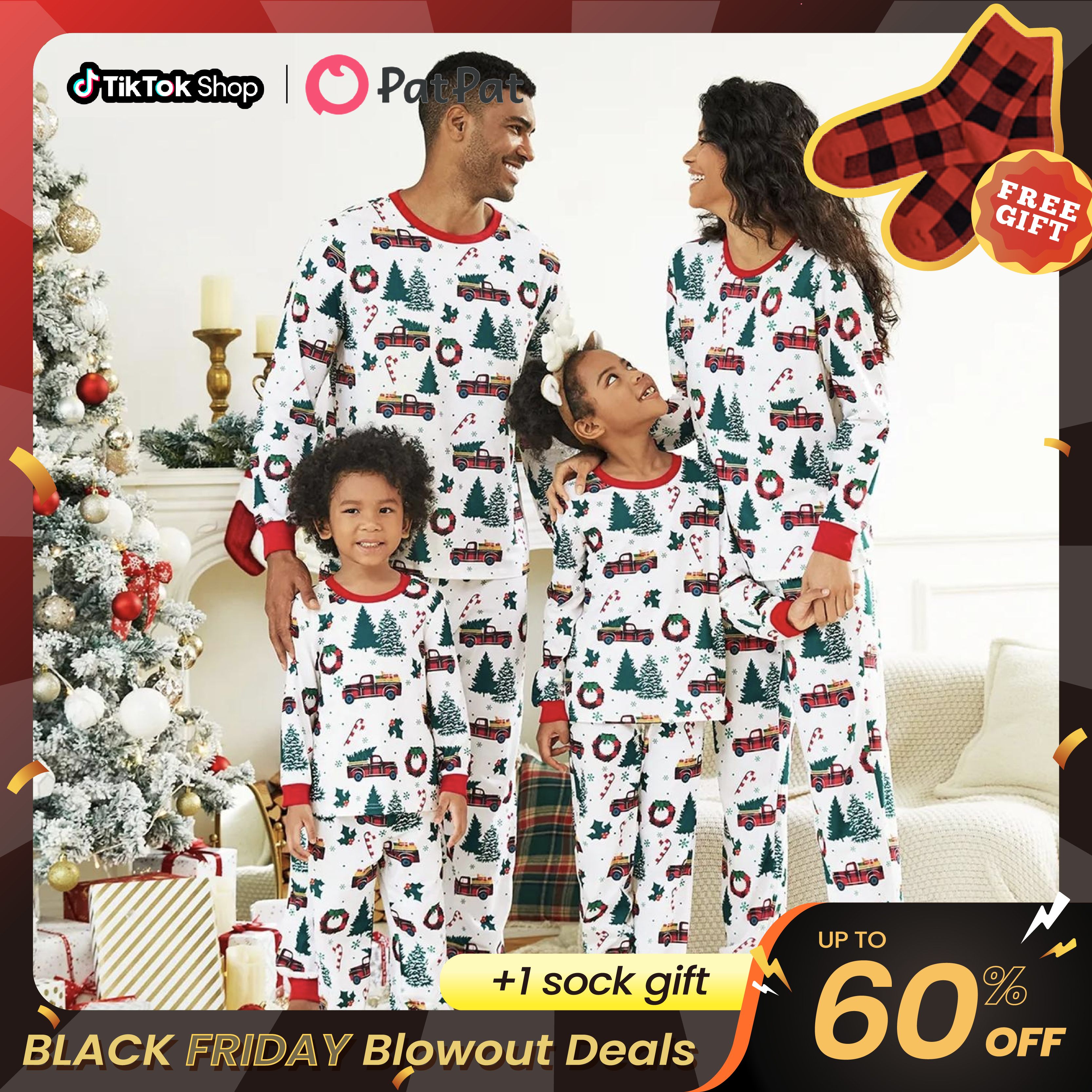 PatPat Christmas Pajamas Soft & Stretchy Family Matching Long Sleeve Sets Christmas Cars Patterned Sleepwear for Women Men Couples Adult Kids,Cute Pa