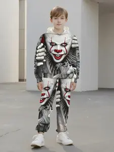 Pennywise Hoodie Set, 3D Dark Horror Style, Boys' Sweatshirt & Pants Two-Piece, Casual Slim-Fitting, Spring & Fall