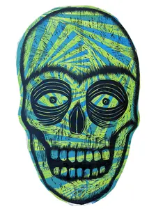 Radiant  Skull with  Woodcut Printed on  Shaped Wooden Panel