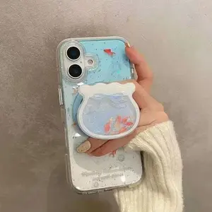 Gradient Aqua Blue Cute Little Goldfish MagSafe Grip Talk Wireless Charging Case for IPhone 17 16 Shake Magnetic Phone Holder